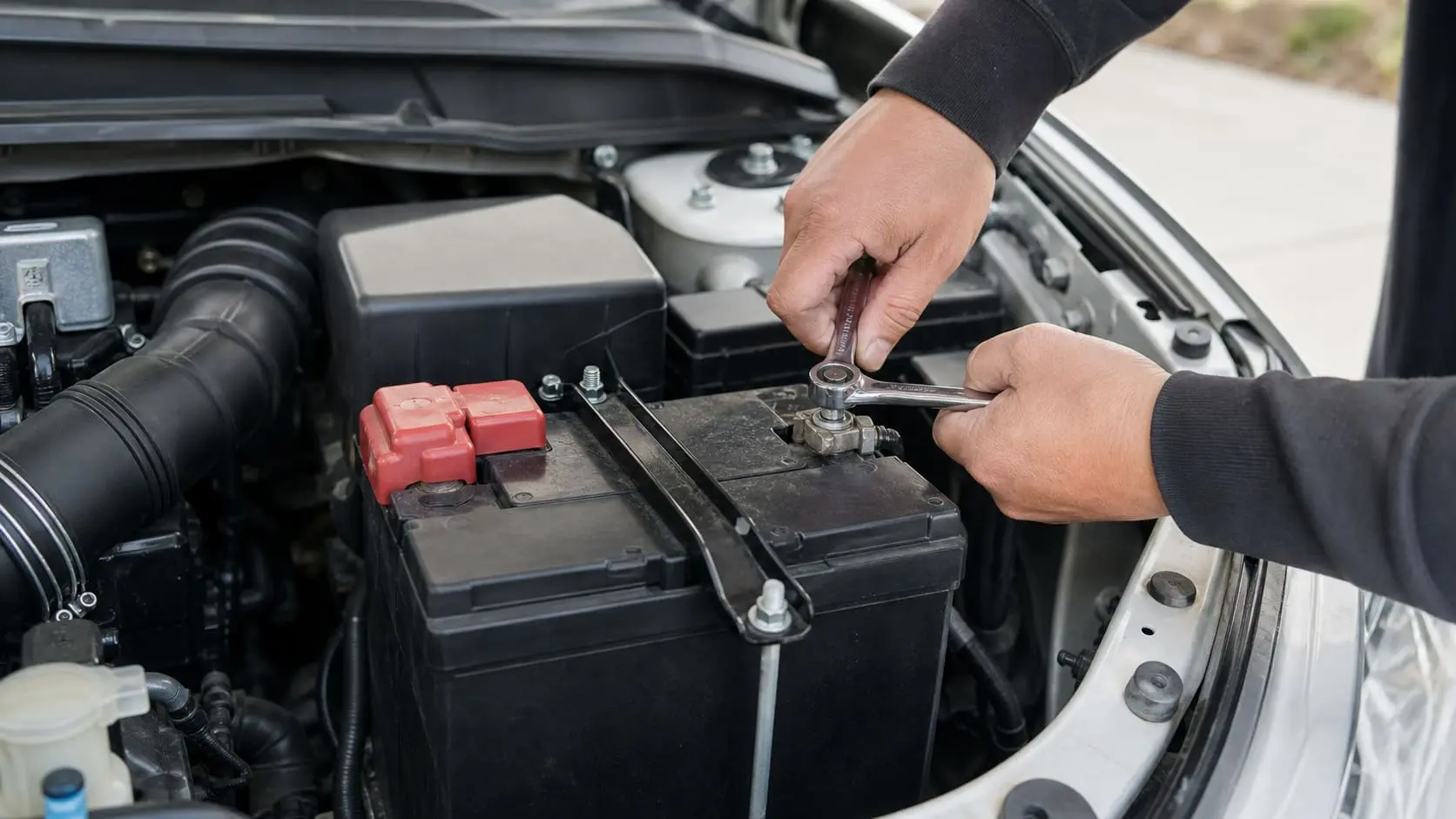 Hands loosening a car battery terminal with a wrench in a sedan engine bay