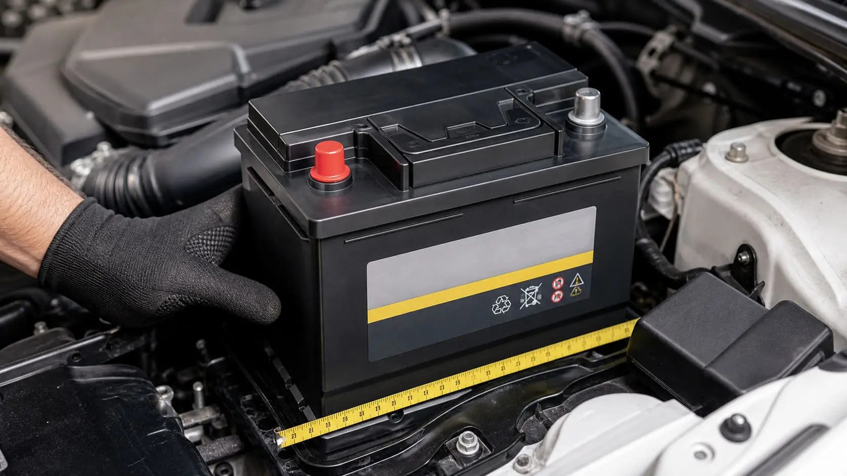 Close-up of a generic car battery label and terminal layout for checking group size