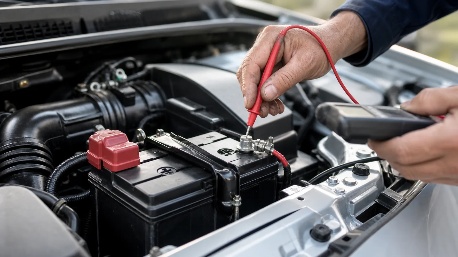 A technician testing a Honda Accord 12-volt battery terminal with a multimeter probe in the engine bay